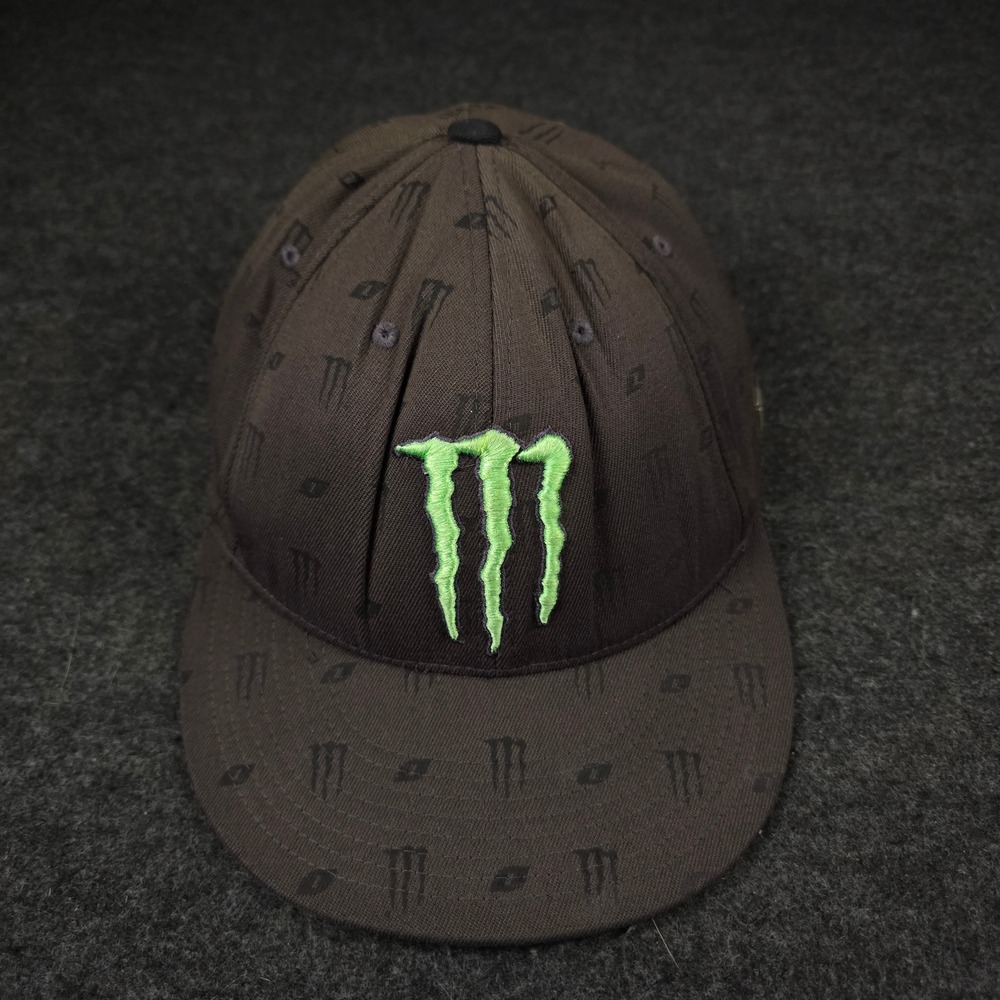 Monster Energy Fitted Flexfit Hat Brown Green Logo All Over Print 7 1/4-7 5/8
